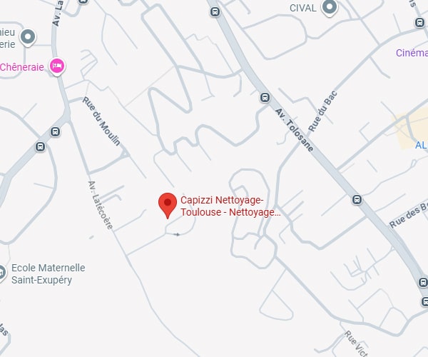 Carte de Toulouse: Capizzi Nettoyage (épingle rouge) à l'intersection Av. Lalécoère / Rue du Moulin, près Av. Tolosane et Ecole Saint-Exupéry.