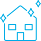 Maison stylisée bleu cyan avec fenêtres et porte, entourée d'étincelles. Symbole de propreté, brillance ou maison neuve.