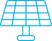 Icône stylisée d'un panneau solaire bleu vif sur fond noir, symbolisant l'énergie renouvelable et le développement durable.