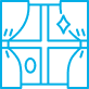 Symbole abstrait pixelisé bleu cyan avec croix centrale. Inclut un losange, un ovale et des motifs ornementaux stylisés, rappelant un sigil numérique.