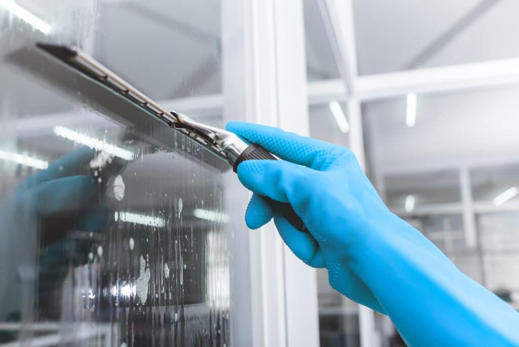 Une main gantée de bleu nettoie une vitre avec une raclette. Des traces de savon et d'eau sont visibles sur la surface vitrée.