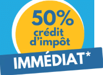 Offre : 50% de crédit d'impôt IMMÉDIAT* (application instantanée) sur fond bleu et jaune. Avantage fiscal attractif.