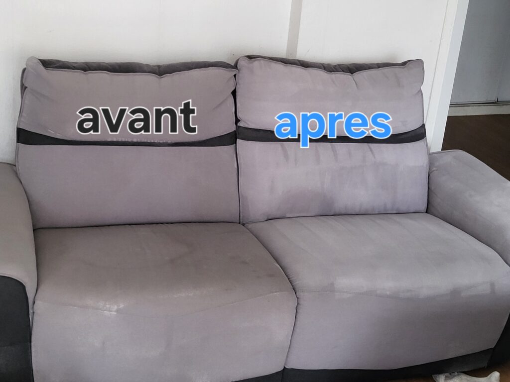 Canapé gris en tissu avec comparaison de nettoyage. La zone "avant" (gauche) est tachée ; la zone "apres" (droite) est parfaitement propre et revitalisée.