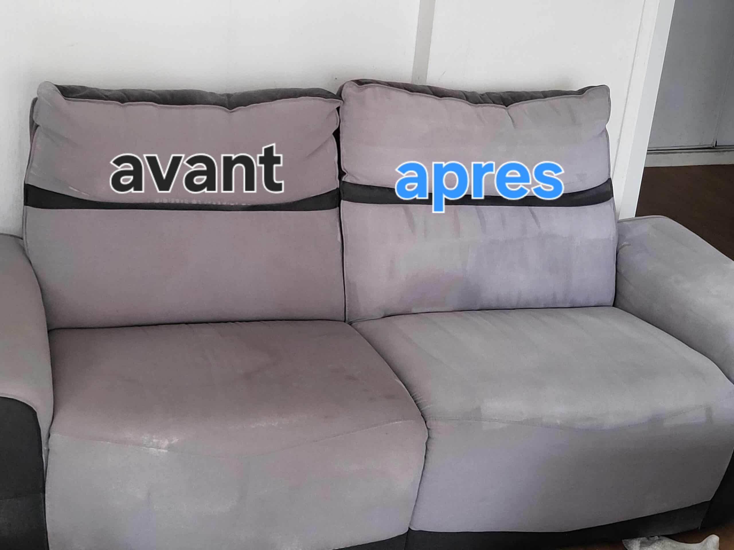 Nettoyage canapé tissu : résultat choc Avant/Après. Canapé gris en tissu avec comparaison de nettoyage. La zone "avant" (gauche) est tachée ; la zone "apres" (droite) est parfaitement propre et revitalisée.
